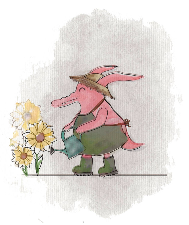 Logo Saatgutbibliothek - Bücherfresser gießt Blumen