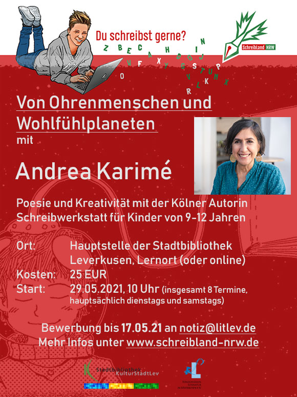 Werbegrafik für Schreibwerkstatt mit Andrea Karimé, Informationen im Text